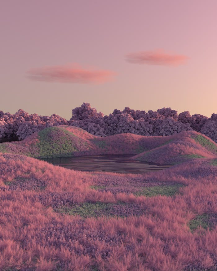 The Art of Drawing Readers In: Your attractive post title goes here A digital surreal landscape featuring pink clouds, hills, and a serene lake, creating a calming and magical atmosphere.